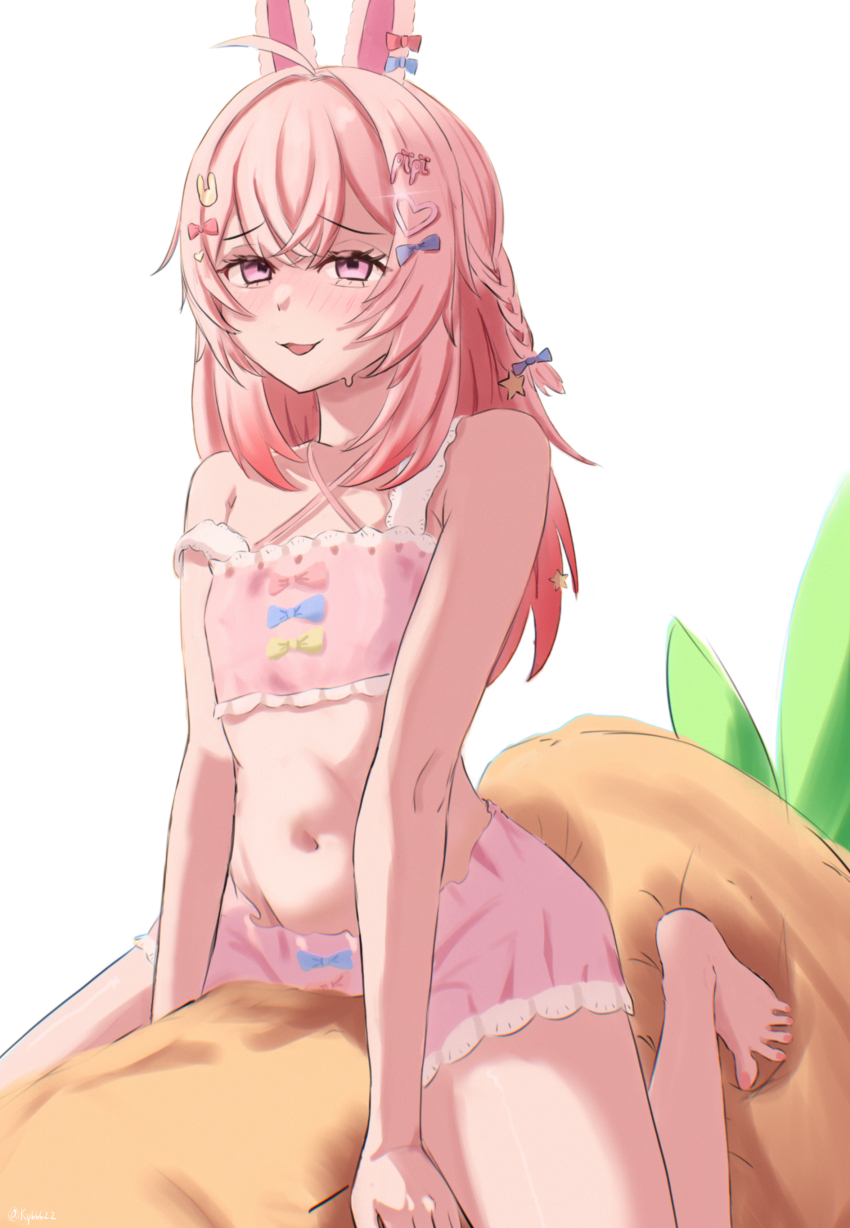 1girl absurdres animal_ears bra feet hair_ornament heart heart_hair_ornament highres ky_(ky66622) long_hair looking_at_viewer navel phase_connect pink_bra pink_eyes pink_hair pink_shoes pipkin_pippa pipkin_pippa_(1st_costume) rabbit_ears rabbit_girl rabbit_hair_ornament shoes simple_background solo underwear virtual_youtuber white_background