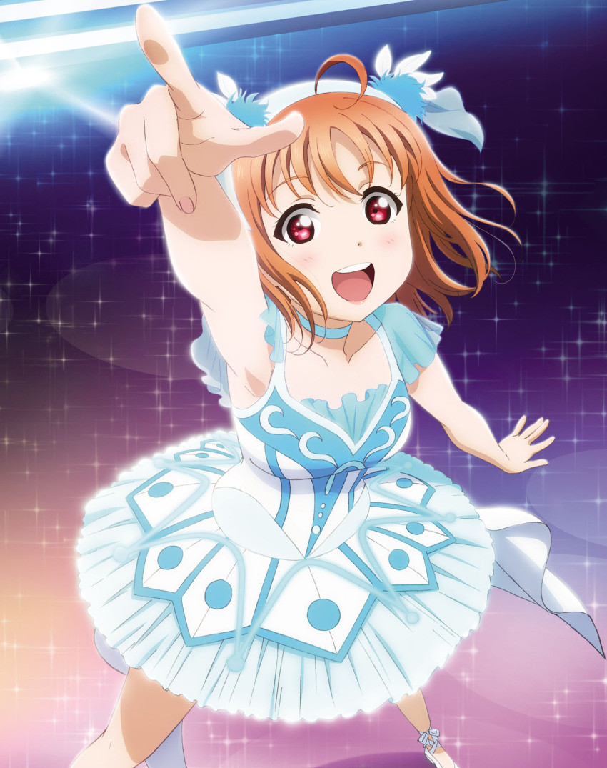 1girl ahoge artbook breasts choker collarbone dress feathers hair_ornament hairband highres looking_at_viewer love_live! love_live!_sunshine!! medium_breasts non-web_source official_alternate_costume official_art orange_hair pointing red_eyes short_hair smile solo standing takami_chika water_blue_new_world