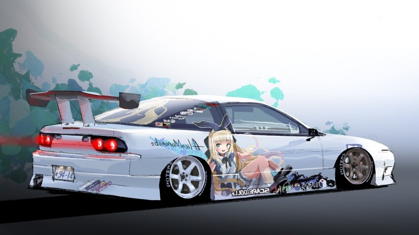car character_name glowing highres hikageno itasha license_plate mononobe_alice mononobe_alice_(1st_costume) motor_vehicle nijisanji nissan nissan_180sx no_humans spoiler_(automobile) sports_car stance_(vehicle) vehicle_focus virtual_youtuber
