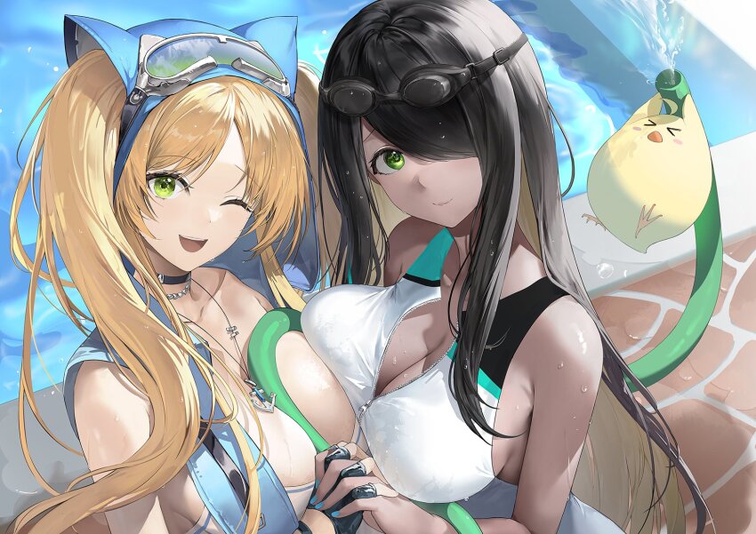&gt;_&lt; 2girls anchor_necklace asymmetrical_docking azur_lane black_choker black_gloves black_hair blonde_hair breast_press breasts choker cleavage competition_swimsuit dark-skinned_female dark_skin fingerless_gloves gloves goggles goggles_on_head green_eyes hair_over_one_eye haori_io highres hornet_(azur_lane) hornet_ii_(azur_lane) hornet_ii_(racing_across_the_waves)_(azur_lane) hose jewelry large_breasts light_smile long_hair looking_at_viewer manjuu_(azur_lane) multiple_girls necklace northampton_(azur_lane) northampton_ii_(azur_lane) northampton_ii_(swimming_star)_(azur_lane) official_alternate_costume official_art one-piece_swimsuit open_mouth poolside swimsuit twintails very_long_hair wet white_one-piece_swimsuit zipper