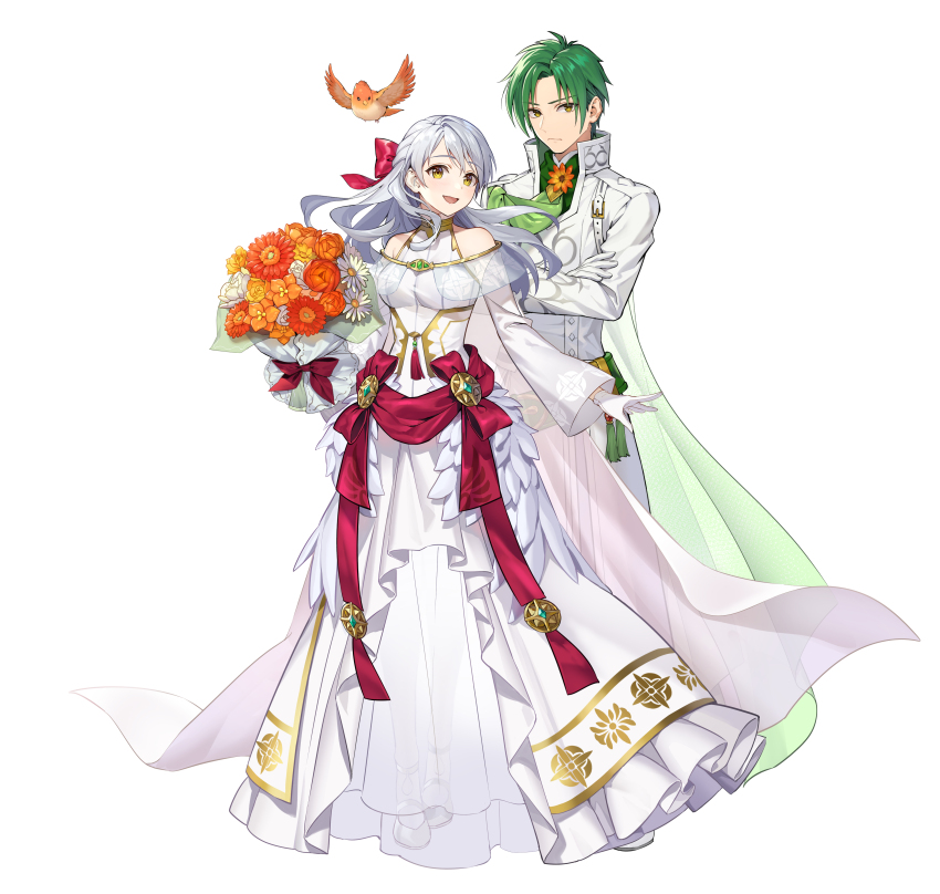 1boy 1girl absurdres bird bouquet bride commentary_request dress fire_emblem fire_emblem:_radiant_dawn fire_emblem_heroes flower gloves green_hair groom highres holding holding_bouquet long_hair micaiah_(bridal)_(fire_emblem) micaiah_(fire_emblem) nintendo official_art orange_bird short_hair simple_background smile sothe_(fire_emblem) sothe_(groom)_(fire_emblem) step-siblings teffish wedding_dress white_background white_gloves white_hair yellow_eyes yune_(fire_emblem)