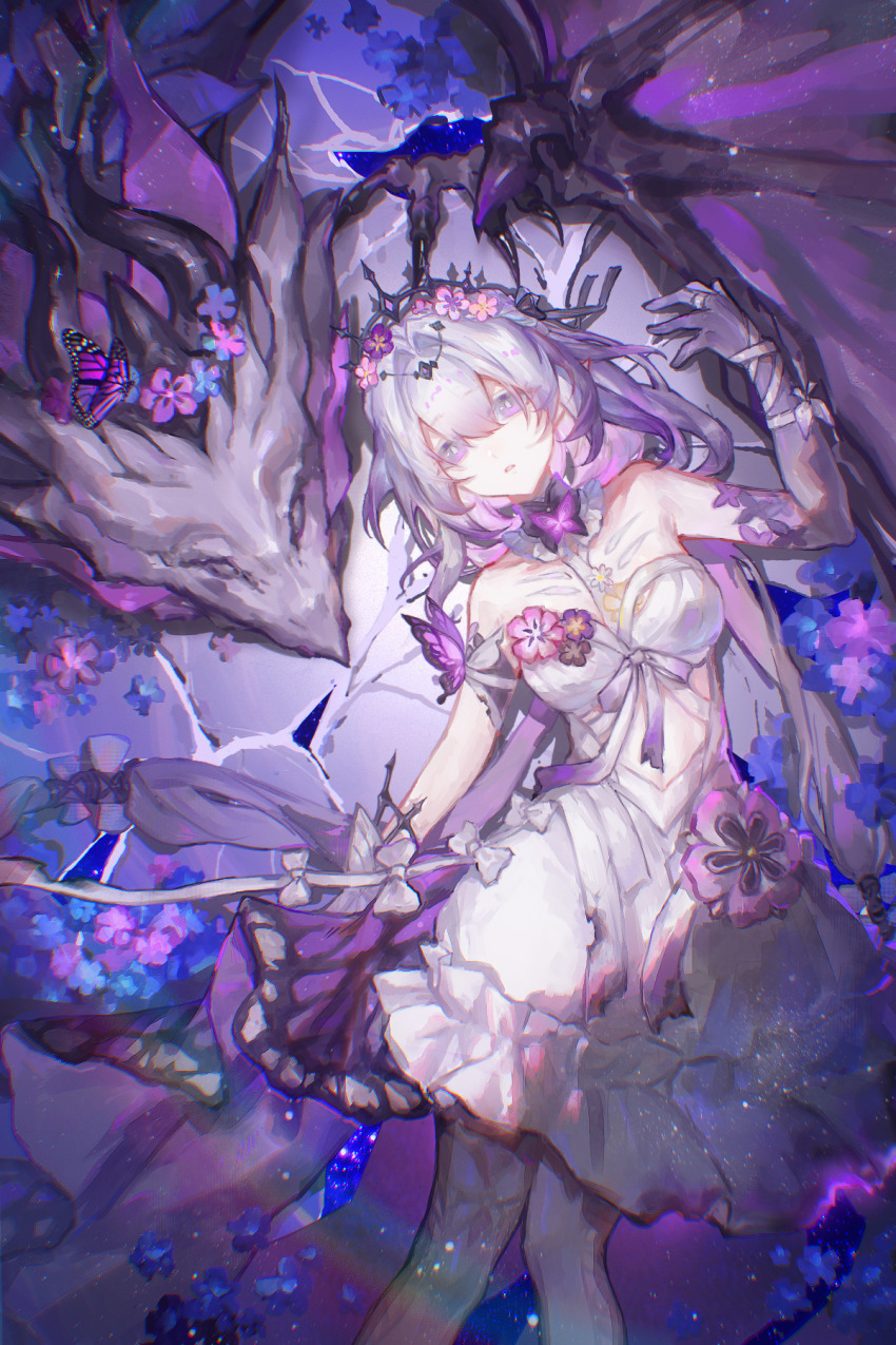 1girl asymmetrical_gloves bare_shoulders black_tiara breasts bug butterfly castorice_(honkai:_star_rail) chinese_commentary commentary_request dragon dress flower flower_ornament gloves hair_flower hair_ornament highres honkai:_star_rail honkai_(series) insect long_hair lying medium_breasts netherwing_(honkai:_star_rail) on_back pantyhose pointy_ears purple_butterfly purple_eyes purple_gloves purple_hair seawave02974 tiara uneven_gloves white_dress white_pantyhose