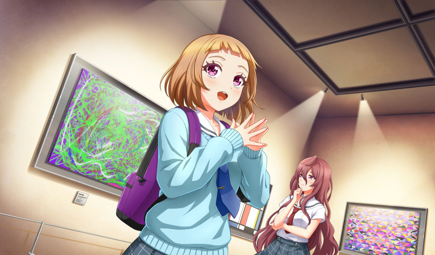 2girls amakusa_kotone aqua_cardigan arched_bangs art_gallery backpack bag blue_necktie brown_hair cardigan cinderella_series closed_mouth cowboy_shot dutch_angle game_cg grey_skirt hachigatsu_no_cinderella_nine hair_between_eyes hand_on_own_chin hand_on_own_elbow highres honjo_chikage indoors long_hair long_sleeves looking_up multiple_girls necktie non-web_source official_art open_mouth painting_(object) plaid_clothes plaid_skirt pleated_skirt purple_bag purple_eyes purple_hair red_necktie sailor_collar satogahama_school_uniform school_uniform serafuku shirt short_hair short_sleeves skirt solo_focus steepled_fingers summer_uniform teeth upper_teeth_only very_long_hair wavy_hair white_sailor_collar white_shirt