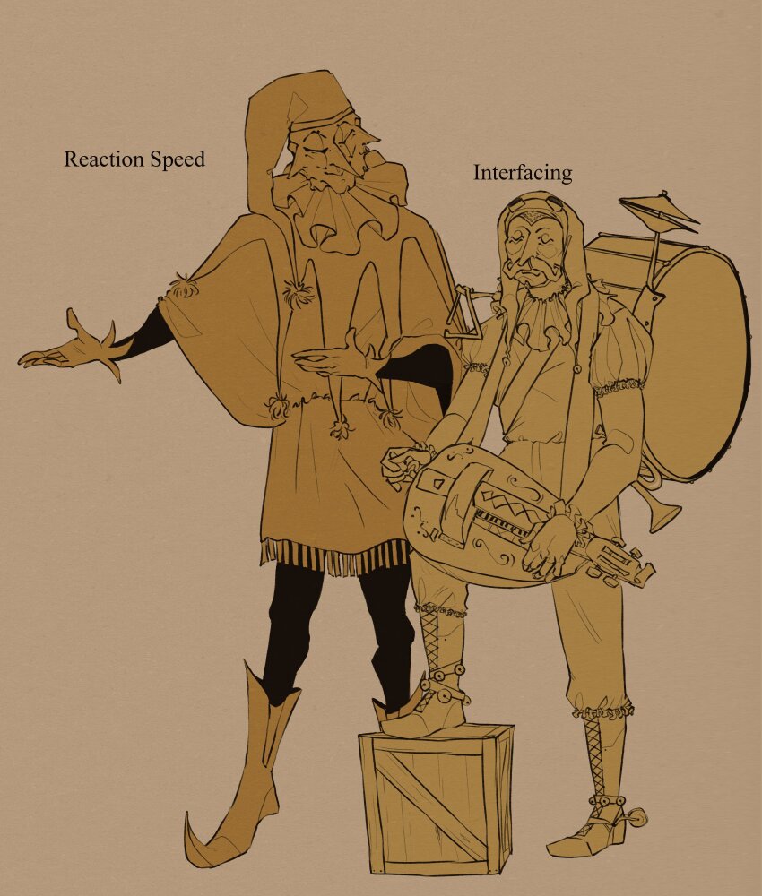 2boys absurdres bow box brown_background character_name closed_eyes collar commentary cymbals disco_elysium drum english_commentary english_text extra_faces facial_hair frilled_collar frills full_body hetequilasunset hi-hat highres hurdy-gurdy instrument interfacing_(disco_elysium) jester male_focus multiple_boys mustache on_box one-man_band original pointy_footwear pointy_hat reaction_speed_(disco_elysium) robe shoes simple_background standing stepping stirrups_(riding) toga triangle_(instrument) trumpet yellow_theme