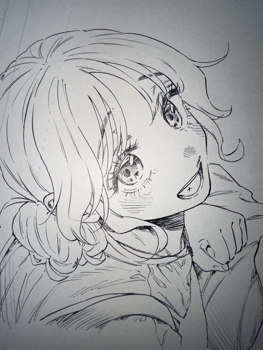 1girl absurdres blush commentary_request from_above graphite_(medium) greyscale highres kaoru_hana_wa_rin_to_saku looking_at_viewer looking_up mikami_saka monochrome official_art open_mouth simple_background sketch smile solo teeth traditional_media waguri_kaoruko white_background