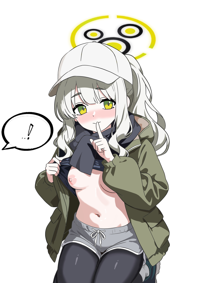 ! 1girl absurdres black_pantyhose black_scarf black_shirt blue_archive blunt_bangs blush breasts breasts_apart closed_mouth clothes_pull coat commentary dolphin_shorts finger_to_mouth green_coat green_eyes grey_shorts gubee halo hands_up hare_(blue_archive) hare_(camp)_(blue_archive) hat highres hood hood_down hooded_coat index_finger_raised kneeling knees_out_of_frame long_sleeves looking_at_viewer nipples no_bra nose_blush official_alternate_costume open_clothes open_coat pantyhose peaked_cap ponytail presenting_breasts puffy_long_sleeves puffy_sleeves pulling_own_clothes scarf shirt shirt_pull shorts shushing sidelocks simple_background small_breasts smile solo speech_bubble spoken_exclamation_mark thick_eyebrows wavy_hair white_background white_hair white_hat yellow_halo