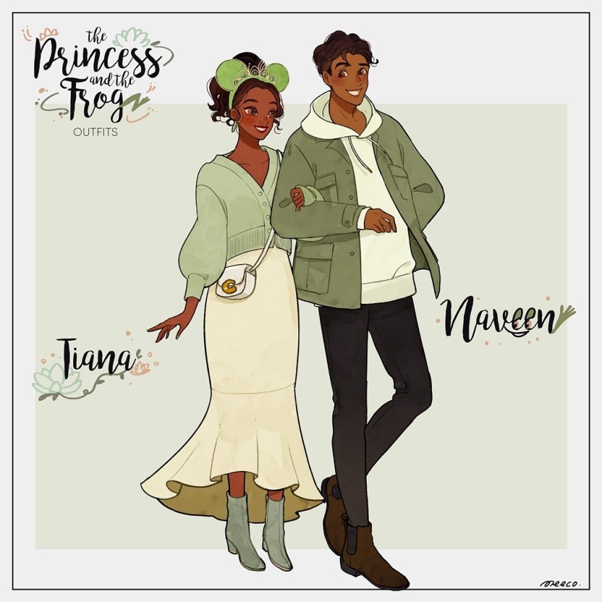 1boy 1girl alternate_costume black_hair boots brown_eyes brown_hair character_name copyright_name dark-skinned_female dark_skin dress earrings fashion gloves hair_bun hair_ornament jewelry long_hair looking_at_viewer meecosme minnie_mouse_ears necklace prince_naveen short_hair skirt smile the_princess_and_the_frog tiana_(the_princess_and_the_frog) tiara