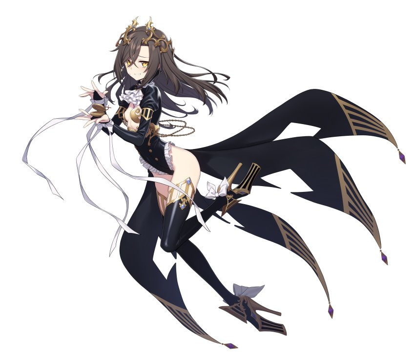 1girl absurdres ascot black_boots black_leotard boots bow breasts bridal_gauntlets brooch brown_hair center_opening chain chest_tattoo christina_brecht commentary_request cosplay counter:side crossed_bangs floating footwear_bow forced_smile frilled_leotard frills full_body furrowed_brow gold_trim hair_between_eyes high_collar high_heel_boots high_heels highleg highleg_leotard highres holding jewelry korean_commentary leg_up leotard long_hair looking_at_viewer maestro_nequitia maestro_nequitia_(cosplay) object_request parted_bangs puffy_sleeves ribbon shrug_(clothing) simple_background small_breasts solo supernew sweatdrop tattoo thigh_boots thighs tiara waist_cape white_ascot white_background white_ribbon wrist_ribbon yellow_eyes