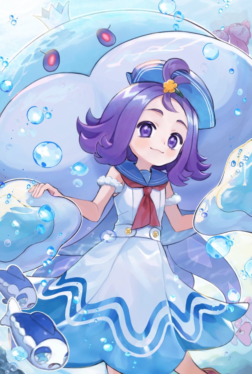 abe_(kumayu) acerola_(pokemon) acerola_(summer_2024)_(pokemon) dress gen_5_pokemon hair_ornament hat highres jellicent jellicent_(male) looking_at_viewer nintendo official_alternate_costume pokemon pokemon_masters_ex purple_eyes purple_hair sailor sailor_collar sailor_hat short_hair sleeveless smile white_dress
