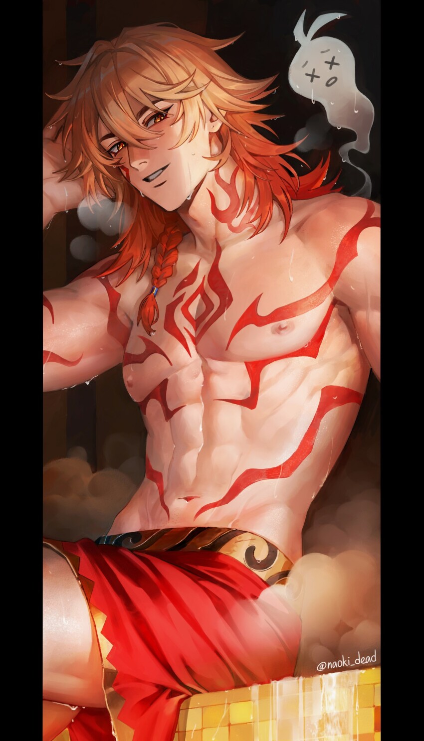 2boys abs arm_tattoo blonde_hair braid chest_tattoo commentary english_commentary facial_tattoo giving_up_the_ghost gradient_hair hair_between_eyes hand_on_own_head highres honkai:_star_rail honkai_(series) looking_at_viewer male_focus medium_hair multicolored_hair multiple_boys mydei_(honkai:_star_rail) naoki_dead neck_tattoo pectorals phainon_(honkai:_star_rail) red_hair red_tattoo sauna side_braid sitting smile solo_focus steam sweat tattoo toned toned_male topless_male twitter_username wet wet_hair x_x yellow_eyes