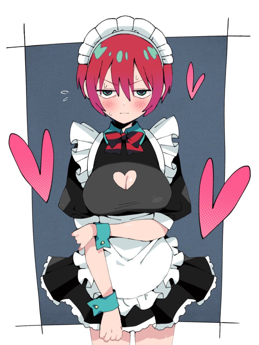 1girl :| alternate_costume amate_yuzuriha apron black_background black_dress blue_eyes blush border bow bowtie breasts cleavage cleavage_cutout closed_mouth clothing_cutout collared_dress cowboy_shot dress embarrassed enmaided flying_sweatdrops frilled_apron frills glaring gundam gundam_gquuuuuux hand_on_own_arm heart heart_cutout highres jitome large_breasts looking_at_viewer maid maid_apron maid_headdress multicolored_eyes outside_border puffy_short_sleeves puffy_sleeves red_bow red_bowtie red_eyes red_hair sabi1234 short_dress short_hair short_sleeves solo standing straight-on striped_bow striped_bowtie striped_clothes two-tone_eyes v-shaped_eyebrows white_apron white_border wrist_cuffs