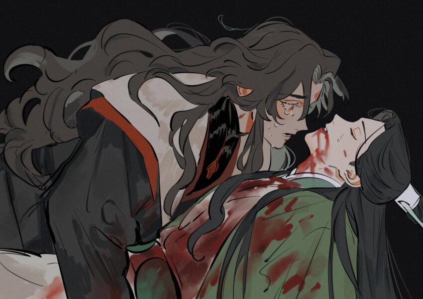 2boys akmizuk black_background black_hair black_hanfu blood blood_from_mouth blood_on_clothes blood_on_face chinese_clothes clenched_teeth closed_eyes coat facial_mark forehead_mark from_side green_eyes green_hanfu hanfu highres long_hair looking_at_another lower_teeth_only luo_binghe lying male_focus multiple_boys on_back open_mouth parted_lips red_eyes renzha_fanpai_zijiu_xitong shen_qingqiu simple_background teeth topknot upper_body white_coat xiao_guan_(headdress) zuiyin
