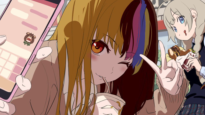2girls absurdres ahoge blonde_hair blue_eyes blue_hair blue_shirt braid brown_hair brown_sweater burger cellphone collared_shirt cup disposable_cup drinking drinking_straw drinking_straw_in_mouth food galaco galaco_(neo) grey_hair highres holding holding_burger holding_cup holding_food holding_phone icon_(computing) indoors kizuna_akari lakiston long_hair looking_at_another looking_at_viewer mcdonald&#039;s multicolored_hair multiple_girls one_eye_closed phone pink_hair plaid_clothes plaid_skirt pov pov_hands red_eyes shirt skirt smartphone smile streaked_hair sweater tarokazu twin_braids v vocaloid voiceroid white_shirt