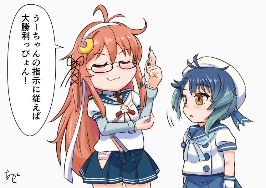 2girls :3 ahoge akashieru blue_hair blue_neckerchief blue_sailor_collar blue_skirt brown_eyes closed_eyes commentary_request cosplay crescent crescent_hair_ornament fukae_(kancolle) gloves gradient_hair hair_ornament hairband hat hip_vent kantai_collection long_hair multicolored_hair multiple_girls neckerchief necktie one-hour_drawing_challenge ooyodo_(kancolle) ooyodo_(kancolle)_(cosplay) orange_eyes panties pantyshot pen pleated_skirt red_necktie sailor_collar sailor_hat sailor_shirt school_uniform serafuku shirt side_ponytail simple_background skirt translation_request underwear uzuki_(kancolle) white_background white_gloves white_hairband white_hat