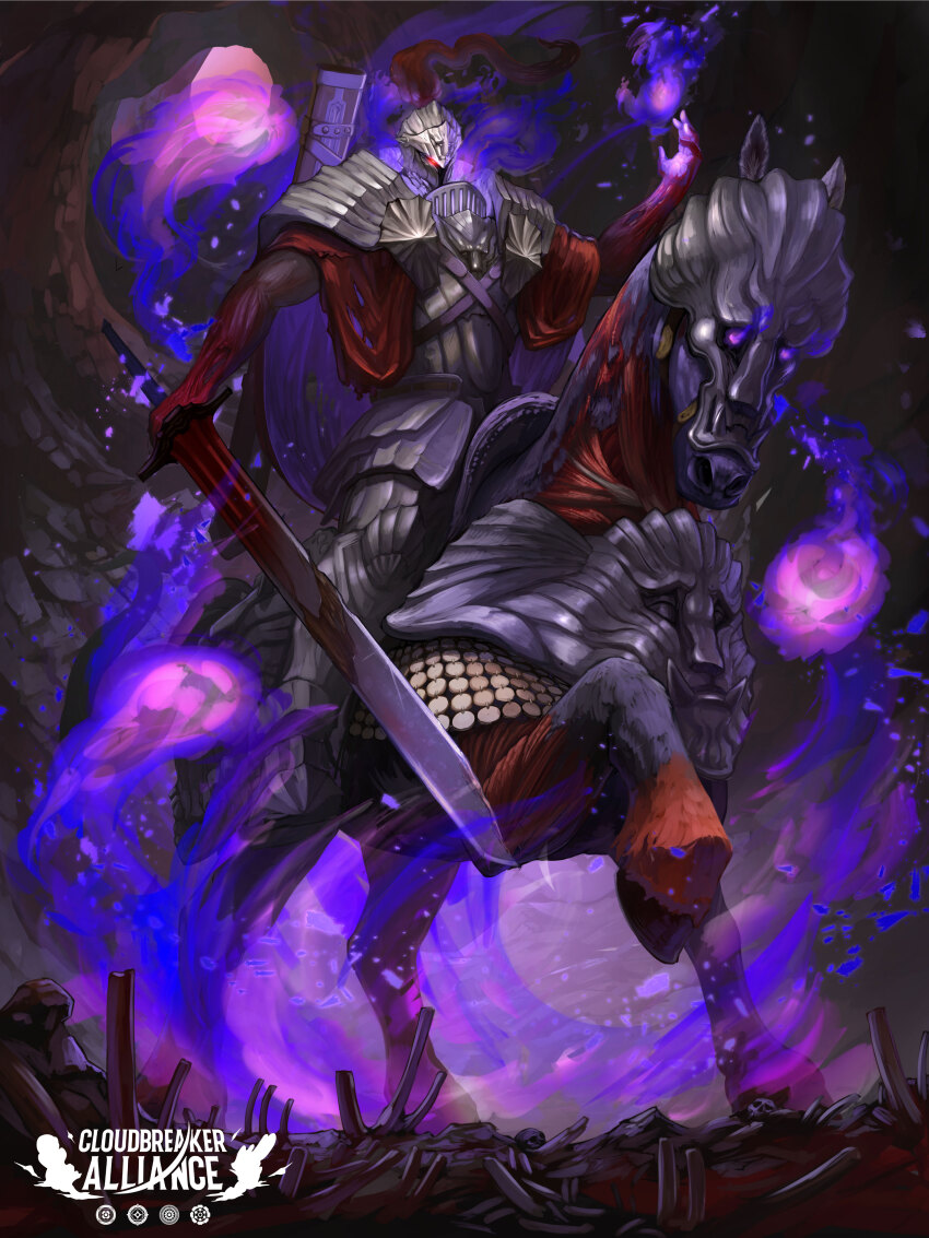absurdres armor cloudbreaker_alliance fantasy glowing glowing_eyes hand_up helmet highres holding holding_sword holding_weapon horse official_art purple_eyes red_eyes sword tagme weapon yumo80295386