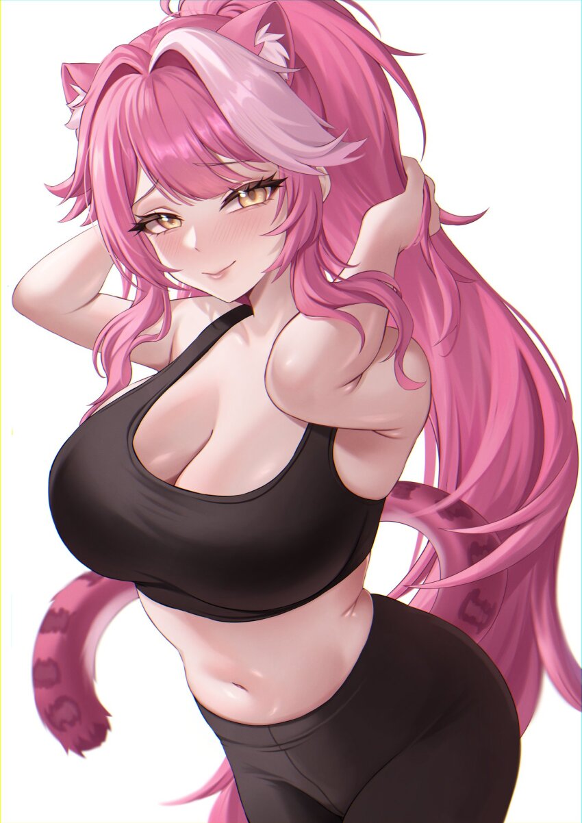 1girl animal_ear_fluff animal_ears black_pantyhose black_sports_bra breasts cleavage cowboy_shot high_ponytail highres hololive hololive_english large_breasts long_hair navel panther_ears panther_girl panther_tail pantyhose ponytail raora_panthera simple_background solo sports_bra tail velvet_noir virtual_youtuber