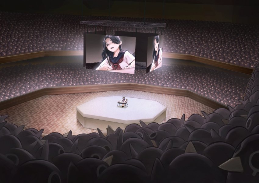 1girl audience bird black_hair black_sailor_collar chair commentary desk english_commentary highres long_hair neckerchief open_mouth original penguin red_neckerchief sailor_collar shirt short_sleeves solo_focus too_many white_shirt wide_shot writing zero808w