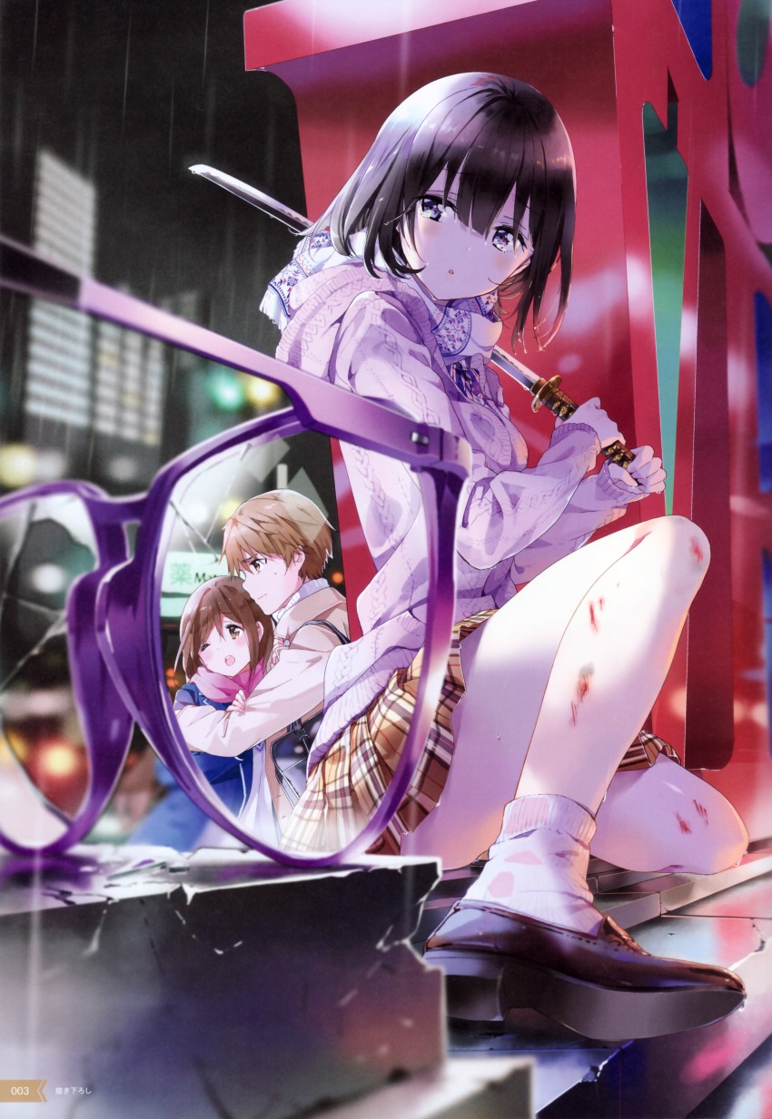 1boy 2girls absurdres bag black_eyes black_hair blood blood_stain brown_eyes brown_hair glasses highres holding holding_sword holding_weapon hood hooded_sweater katana miniskirt multiple_girls one_eye_closed open_mouth outdoors parted_lips pink_scarf pink_sweater pleated_skirt rain road scarf school_bag short_hair skirt socks street sweater sword tiv weapon white_legwear
