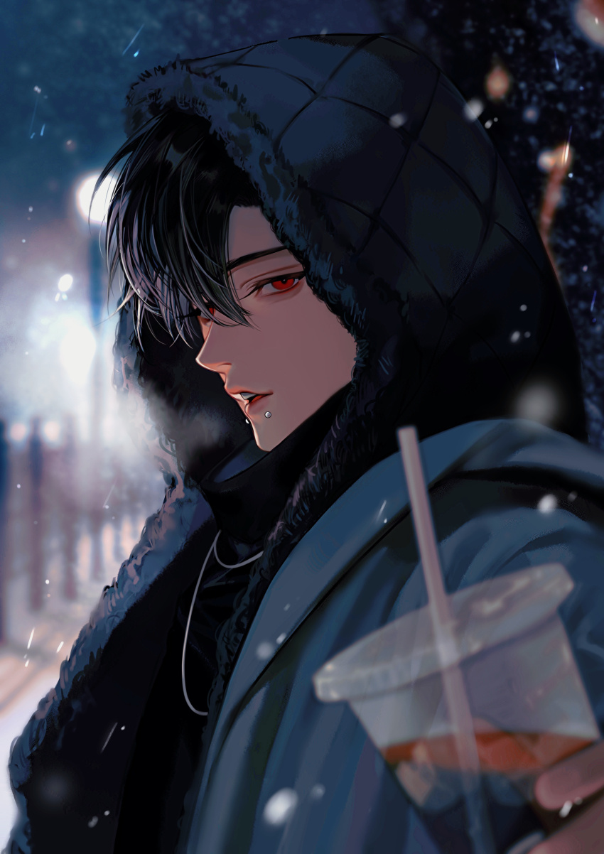 1boy absurdres aegyo_sal black_hair black_jacket black_sleeves cup face_piercing hair_over_one_eye highres holding holding_cup hood hooded_jacket jacket jewelry looking_at_viewer male_focus mouth_piercing necklace nose open_mouth original piercing profile red_eyes short_hair snow solo teeth toscana20460423 upper_body upper_teeth_only