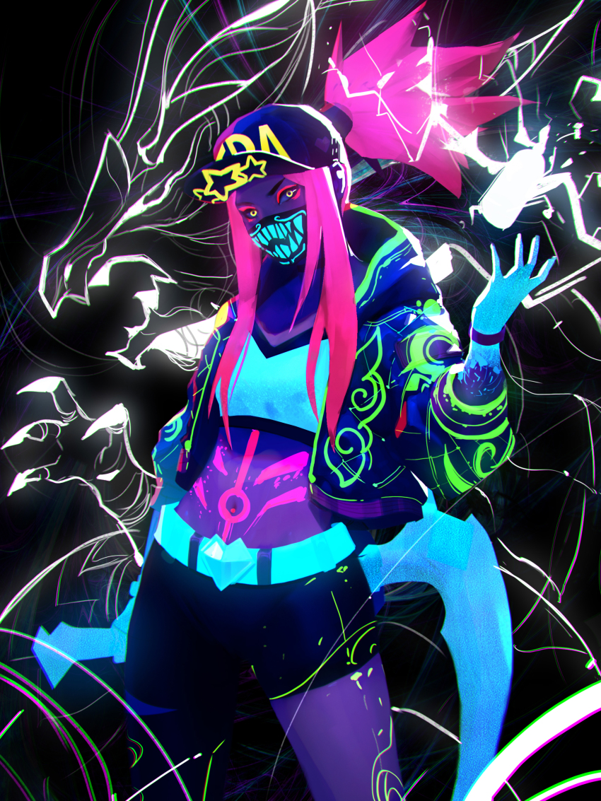 1girl absurdres akali asymmetrical_clothes baseball_cap belt belt_buckle black_gloves black_pants black_sclera bodypaint breasts buckle colored_sclera commentary covered_mouth cropped_jacket dragon eastern_dragon english_commentary fahmi_fauzi female_focus fingerless_gloves gloves hat high_ponytail highres holding holding_weapon hood hooded_jacket huge_weapon idol inverted_colors jacket k/da_(league_of_legends) k/da_akali kama_(weapon) league_of_legends long_hair looking_at_viewer mask mouth_mask nail_polish navel neon nose open_clothes open_jacket paint_splatter pants pink_hair pink_nails ponytail reverse_grip sickle sidelocks single_pantsleg sleeves_pushed_up small_breasts solo sports_bra spray_can toned ultraviolet_light weapon yellow_eyes