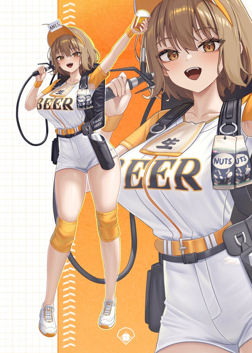 1girl :d absurdres alcohol alternate_costume anis_(nikke) arm_up beer blush breasts brown_eyes brown_hair collarbone full_body goddess_of_victory:_nikke highres holding large_breasts looking_at_viewer open_mouth shirt_tucked_in short_hair short_shorts short_sleeves shorts smile standing subob_(subobdesu) teeth thighs upper_teeth_only visor_cap white_shorts