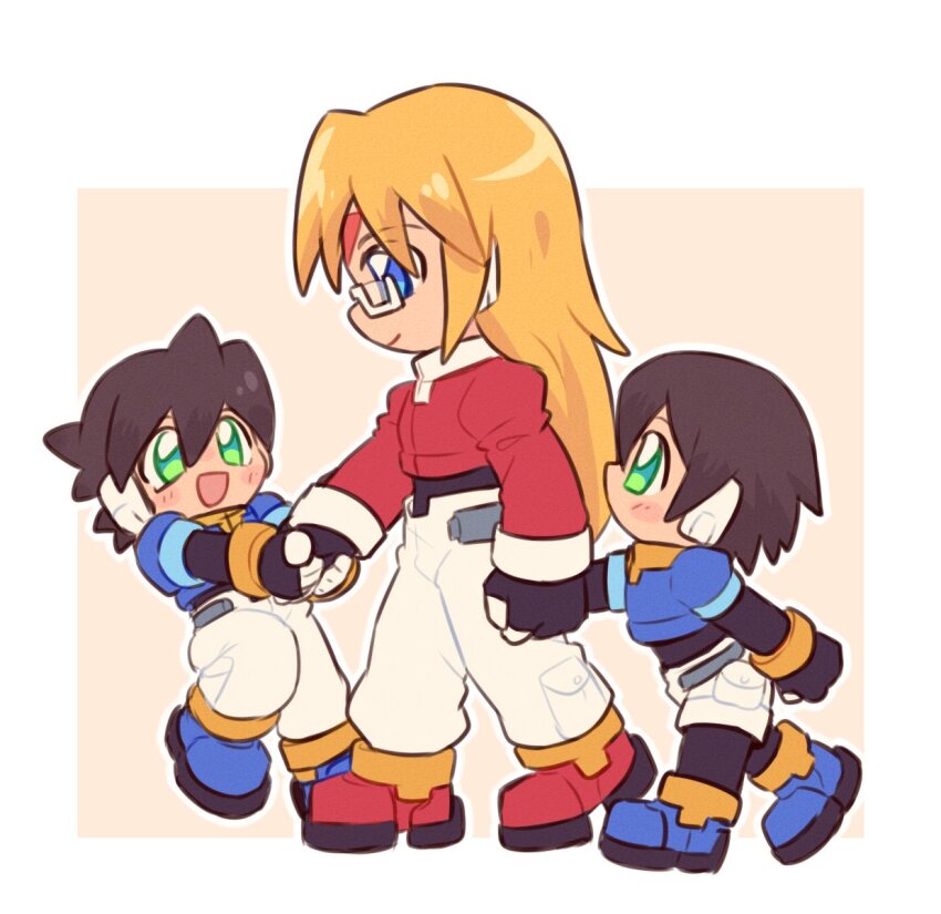 1girl 2boys aile_(mega_man_zx) black_bodysuit blonde_hair blue_eyes blue_footwear blue_jacket bodysuit bodysuit_under_clothes brown_hair chibi cropped_jacket cyanmirai facial_mark forehead_mark girouette_(mega_man) glasses green_eyes highres jacket long_hair mega_man_(series) mega_man_zx multiple_boys pants red_footwear red_jacket robot_ears semi-rimless_eyewear short_hair shorts simple_background smile under-rim_eyewear vent_(mega_man) white_background white_pants white_shorts