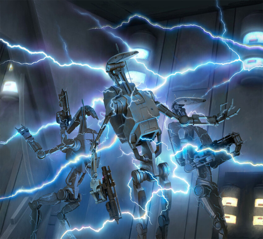 alexandr_elichev b1_battle_droid electricity gun holding holding_gun holding_weapon no_humans robot spacecraft_interior star_wars weapon