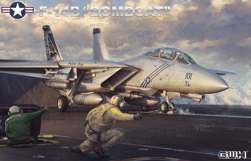 4boys aircraft aircraft_carrier aircraft_catapult aircraft_marshaller airplane black_gloves bomb box_art explosive f-14_tomcat fighter_jet gbu-12_paveway_ii gloves great_wall_hobby headset helmet highres jeffholy landing_gear military_vehicle multiple_boys painting_(medium) pilot ship signature traditional_media vehicle_focus warship watercraft