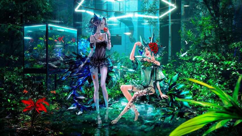 2girls absurdres animal_ears apple arm_up bare_arms bare_legs barefoot black_pantyhose blurry blurry_foreground dark_skin dress ear_tag facial_mark fish fish_tank flower fluorescent_lamp food forehead_mark frilled_dress frills fruit full_body girls_from_hell goldfish green_eyes green_hair hair_flower hair_ornament hand_up highres holding holding_food holding_fruit jewelry leaf leg_tattoo logo_print multiple_girls neck_ring noir_(girls_from_hell) off-shoulder_dress off_shoulder open_mouth pantyhose parted_lips pointy_ears purple_hair redjuice see-through_clothes see-through_shirt shark shirt short_hair sitting spaghetti_strap standing standing_on_liquid tattoo tree vene water yellow_eyes