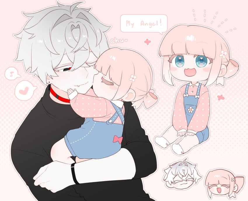 1boy 1girl amika_(kai_(drakkai10)) black_shirt blue_eyes blue_overalls blush bracelet closed_eyes collar english_text hasto_(kai_(drakkai10)) highres jewelry kai_(drakkai10) kiss kissing_cheek multiple_views one_eye_closed open_mouth original overall_shorts overalls pink_hair pink_shirt red_collar red_pupils shirt short_hair socks speech_bubble white_hair white_socks