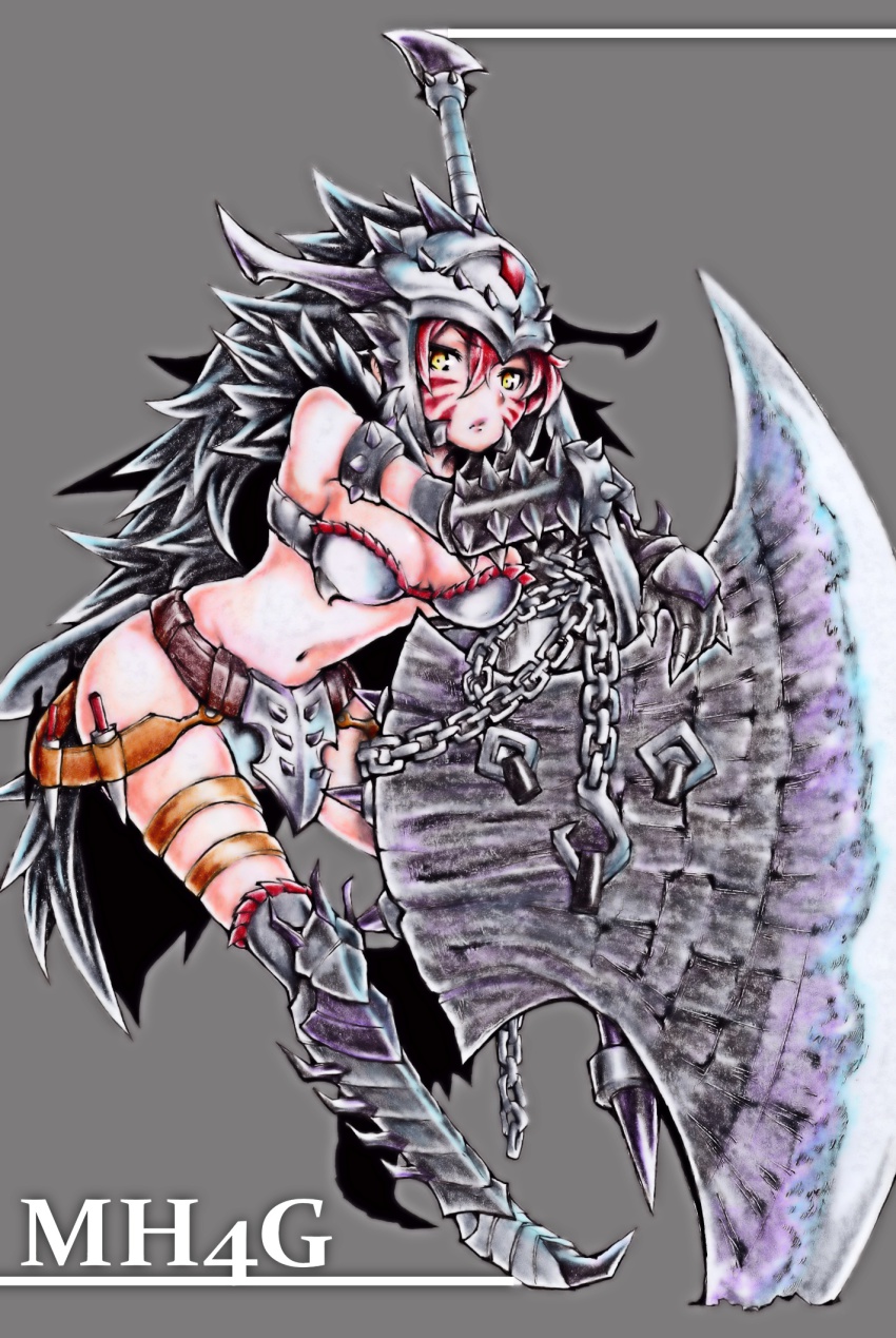 1girl armor breasts capcom chain cleavage dara_amadyura_(armor) female_focus garyuu_ryuuga helmet highres monster_hunter_(series) monster_hunter_4_ultimate navel solo tagme weapon yellow_eyes