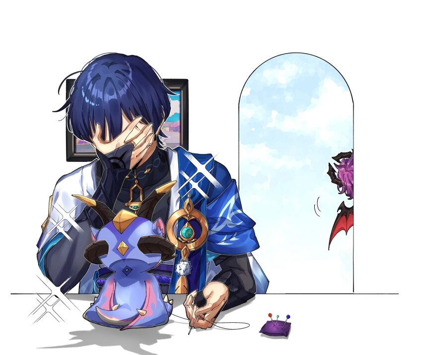 2boys anemo_symbol_(genshin_impact) animalization aqua_gemstone arm_rest armor belt black_belt black_bodysuit black_bridal_gauntlets black_hair black_horns blue_cape blue_sky blue_sleeves blunt_ends bodysuit bridal_gauntlets cape character_doll cloud cloudy_sky covered_collarbone doll doorway dragon dragon_horns dragon_wings feathers fingernails furisode gem genshin_impact gold gold_ring hand_over_face highres holding_sewing_needle horns indoors japanese_armor japanese_clothes kimono kote kurokote layered_sleeves middle_ring mini_durin_(dragon)_(genshin_impact) mini_durin_(genshin_impact) mini_durin_(human)_(genshin_impact) multiple_boys needle open_clothes open_hand open_kimono peeking_out person_and_animalization picture_frame pincushion pom_pom_(clothes) purple_hair purple_rope purple_sash red_wings rope sash scaramouche_(genshin_impact) sewing_needle sewing_pin short_sleeves sky small_dragon sparkle string stuffed_animal stuffed_toy vision_(genshin_impact) wanderer_(genshin_impact) white_kimono white_sleeves white_trim wings yellow_feathers yuka_(pixiv38407039)