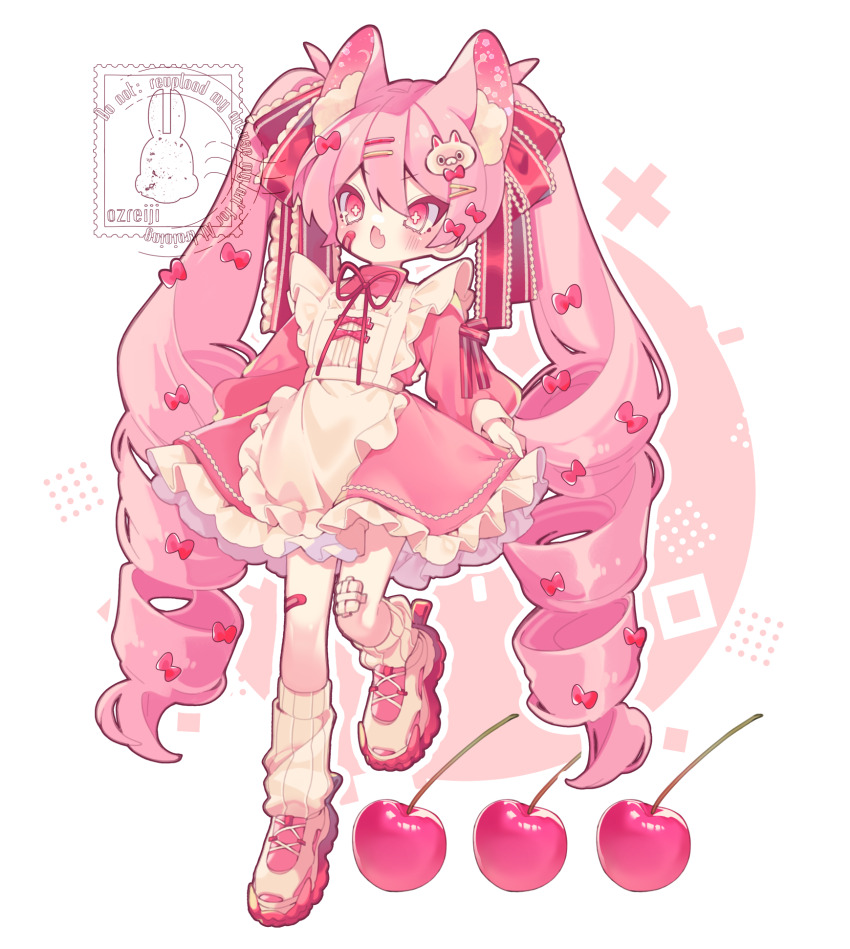 1girl animal_ear_fluff animal_ears apron bandaid bandaid_on_cheek bandaid_on_face bandaid_on_leg blush bow cat_ears cat_hair_ornament commentary cross-shaped_pupils double-parted_bangs dress extra_ears fang frilled_apron frilled_dress frills full_body gauze gauze_on_leg hair_between_eyes hair_bow hair_ornament hair_ribbon hairclip highres leg_up long_hair long_sleeves low_drills neck_ribbon open_mouth original ozureiji pink_dress pink_eyes pink_hair pink_theme puffy_long_sleeves puffy_sleeves red_bow red_ribbon ribbon shoes short_dress skin_fang sneakers socks solo symbol-only_commentary symbol-shaped_pupils tsurime twintails very_long_hair watermark white_apron white_shoes white_socks