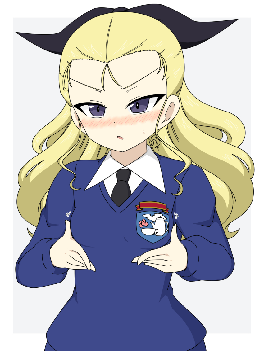 1girl assam_(girls_und_panzer) black_necktie black_ribbon blonde_hair blue_eyes blue_sweater blush breasts dress_shirt emblem frown girls_und_panzer grabbing_own_breast grey_background hair_pulled_back hair_ribbon highres ichinose_jun long_hair long_sleeves looking_at_viewer necktie open_mouth ribbon school_uniform shirt simple_background small_breasts solo st._gloriana&#039;s_(emblem) st._gloriana&#039;s_school_uniform sweatdrop sweater upper_body v-neck white_shirt wing_collar