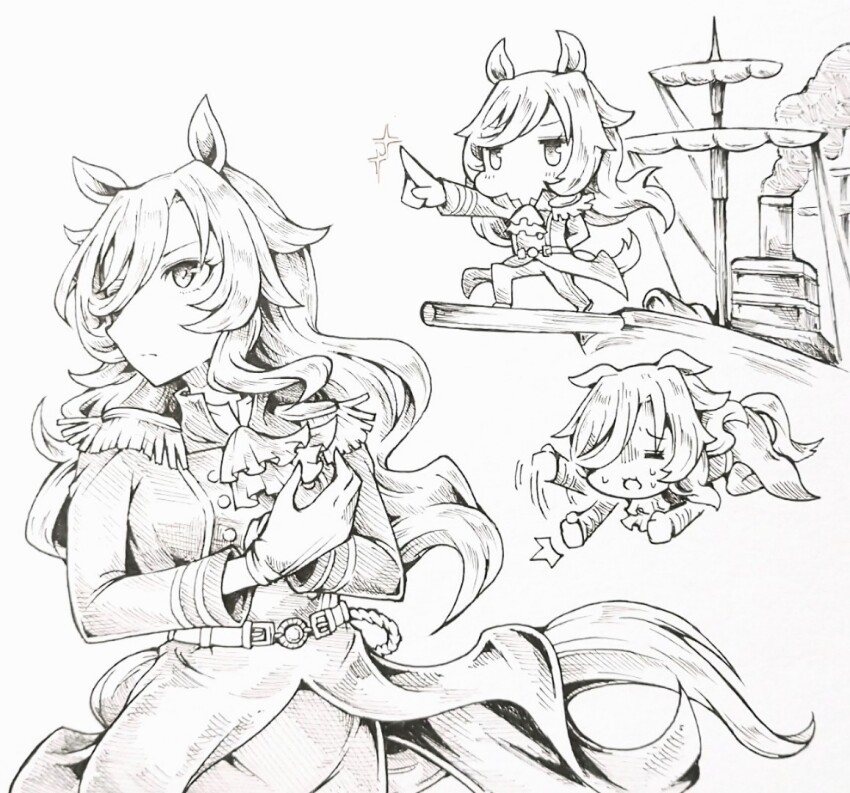 1girl adjusting_clothes adjusting_gloves afterimage all_fours animal_ears ascot belt buttons chibi commentary double-breasted epaulettes garyuu_ryuuga gloves horse_ears horse_girl horse_tail long_hair long_sleeves military_uniform monochrome motion_lines multiple_views naval_uniform no_mouth perry_steam_(umamusume) pointing ship symbol-only_commentary tail umamusume umamusume:_beginning_of_a_new_era watercraft
