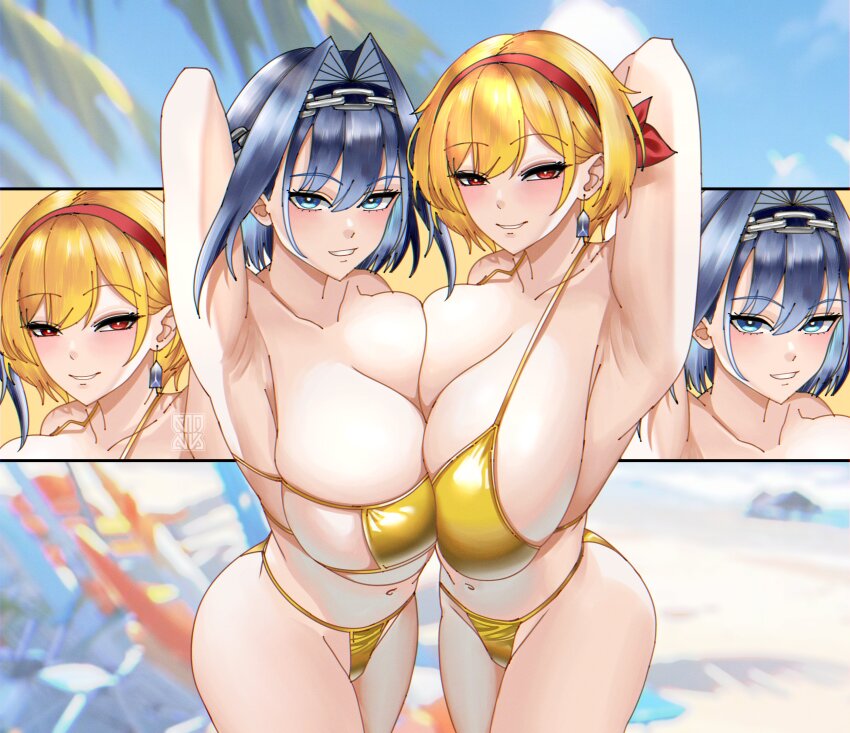 absurdres alternate_costume armpit_focus armpits bare_shoulders beach bikini blonde_hair blue_eyes blue_hair blue_sky breasts chain chain_headband cleavage collarbone day eyepatch_bikini gold_bikini golden_week hair_intakes hairband halo highres hololive hololive_english hololive_indonesia huge_breasts kaela_kovalskia large_breasts looking_at_viewer mechanical_halo medium_hair muhammaddeny multiple_girls navel ocean ouro_kronii outdoors palm_tree presenting_armpit red_eyes red_hairband sand satin_bikini shiny_swimsuit short_hair sky smile stomach string_bikini swimsuit tree virtual_youtuber water
