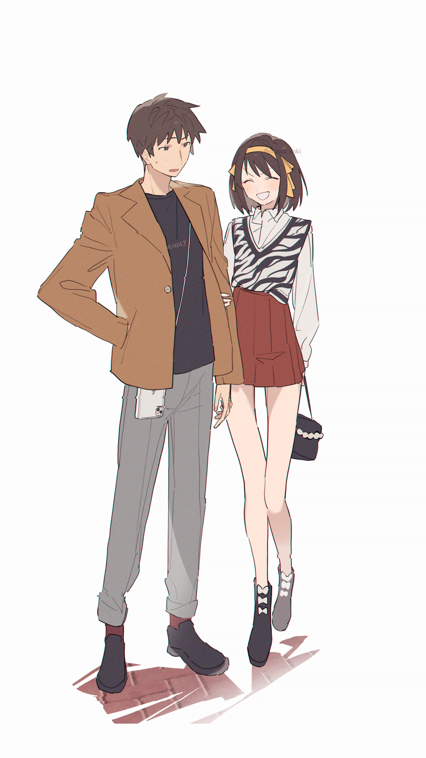 1boy 1girl absurdres bag black_shirt bob_cut brown_eyes brown_hair casual collared_shirt dating full_body grey_pants hairband handbag highres jacket kyon long_sleeves medium_hair open_clothes open_jacket open_mouth pants red_skirt shirt shoes short_hair signature simple_background skirt smile standing sugata_dski suzumiya_haruhi suzumiya_haruhi_no_yuuutsu sweatdrop white_background yellow_hairband