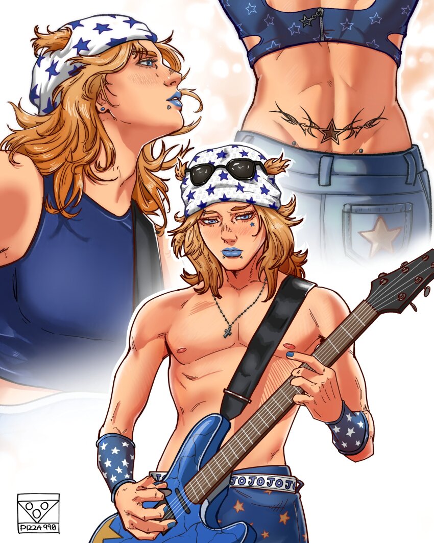 1boy absurdres alternate_costume back_tattoo belt blonde_hair blue_eyes blue_lips blue_nails blue_pants blue_tank_top commentary cracked_instrument crop_top denim electric_guitar english_commentary face_piercing guitar hat highres holding holding_instrument instrument jewelry johnny_joestar jojo_no_kimyou_na_bouken lip_piercing makeup male_focus medium_hair multiple_views music necklace pants piercing pizza990 playing_guitar playing_instrument star_(symbol) star_print star_tattoo steel_ball_run sunglasses tank_top tattoo toned toned_male topless_male white_belt white_hat wing_tattoo wristband