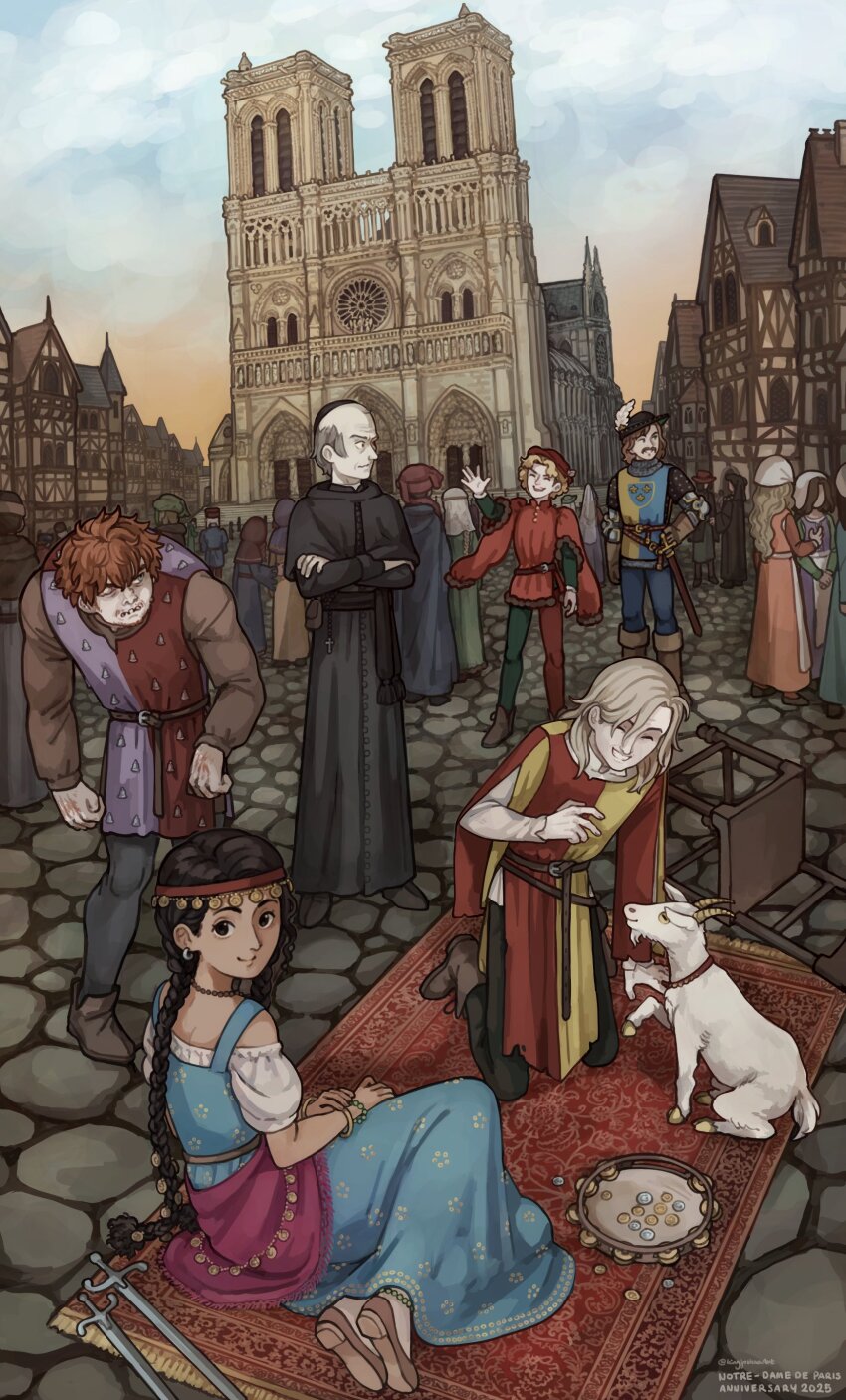 1girl 5boys absurdres anklet anniversary artist_name balding black_eyes black_hair black_robe blonde_hair blue_dress bracelet brown_gloves brown_sandals brown_shoes brown_tunic claude_frollo cobblestone commentary copyright_name crossed_arms crowd djali dress english_commentary gloves goat gringoire hand_on_own_hip hat highres instrument jehan_frollo jewelry kingjoshua kneeling la_esmeralda long_sleeves looking_at_viewer looking_back looking_to_the_side multiple_boys multiple_bracelets notre_dame_de_paris orange_hair purple_sash quasimodo red_hat robe sandals sash shoes sitting sword tabard tambourine the_hunchback_of_notre_dame town tunic twitter_username weapon wooden_chair