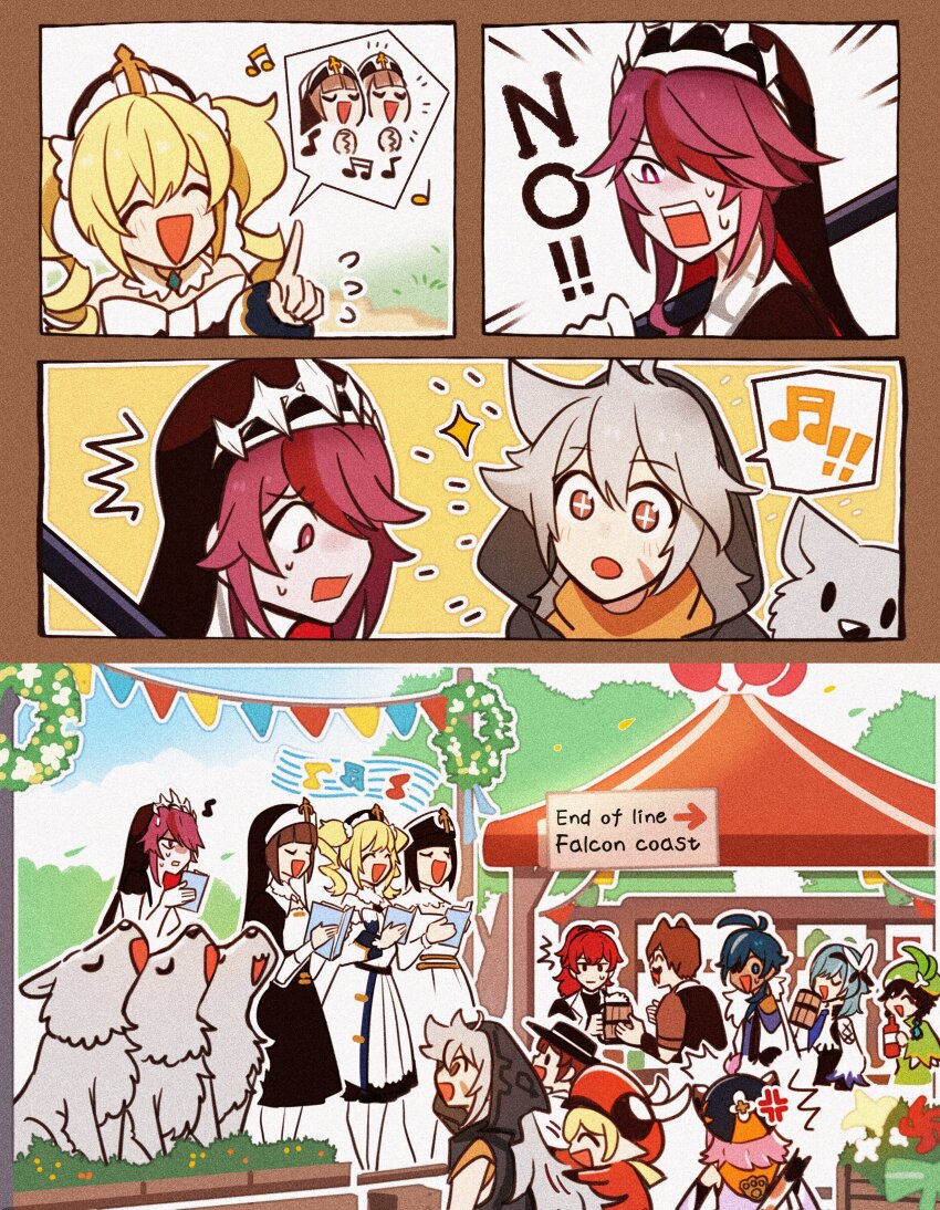 +_+ 4others 5boys 6+girls :3 ^^^ ^_^ absurdres ahoge anger_vein animal_ears antenna_hair balloon barbara_(genshin_impact) beamed_eighth_notes beamed_sixteenth_notes beer_mug black_dress black_hair black_hairband black_hood black_hoodie black_shirt blonde_hair blue_bow blue_eyes blue_hair blush bottle bow braid brown_hair brown_shirt cape character_request closed_eyes commentary cross crossed_bangs cup diluc_(genshin_impact) diona_(genshin_impact) draff_(genshin_impact) dress dress_bow drill_hair eighth_note elbow_gloves emphasis_lines english_commentary english_text enpitsu01 eula_(genshin_impact) eyepatch facial_hair facing_away flying_sweatdrops foam frilled_dress frills fur_cape fur_trim garland_(decoration) genshin_impact gloves green_hair grey_fur grey_hair habit hair_between_eyes hair_ornament hair_over_one_eye hairband hat highres holding holding_bottle holding_cup holding_own_hair holding_polearm holding_weapon hood hood_up hoodie howling jilliana_(genshin_impact) kaeya_(genshin_impact) klee_(genshin_impact) latin_cross light_blue_hair long_hair medium_hair mini_hat mug multicolored_hair multiple_boys multiple_girls multiple_others musical_note mustache nun open_mouth orange_shirt outdoors own_hands_together pantyhose pink_hair polearm purple_hair quarter_note razor_(genshin_impact) red_dress red_eyes red_hair rosaria_(genshin_impact) rosaria_(to_the_church&#039;s_free_spirit)_(genshin_impact) scar scar_on_face shirt short_hair sidelocks smile sparkle spoken_character spoken_musical_note rectangular_mouth musical_staff streaked_hair sweat sweatdrop triangle_mouth twin_drills twintails two-tone_dress two-tone_hair two-tone_shirt venti_(genshin_impact) victoria_(genshin_impact) weapon white_cape white_dress white_gloves white_pantyhose white_sleeves wind wolf