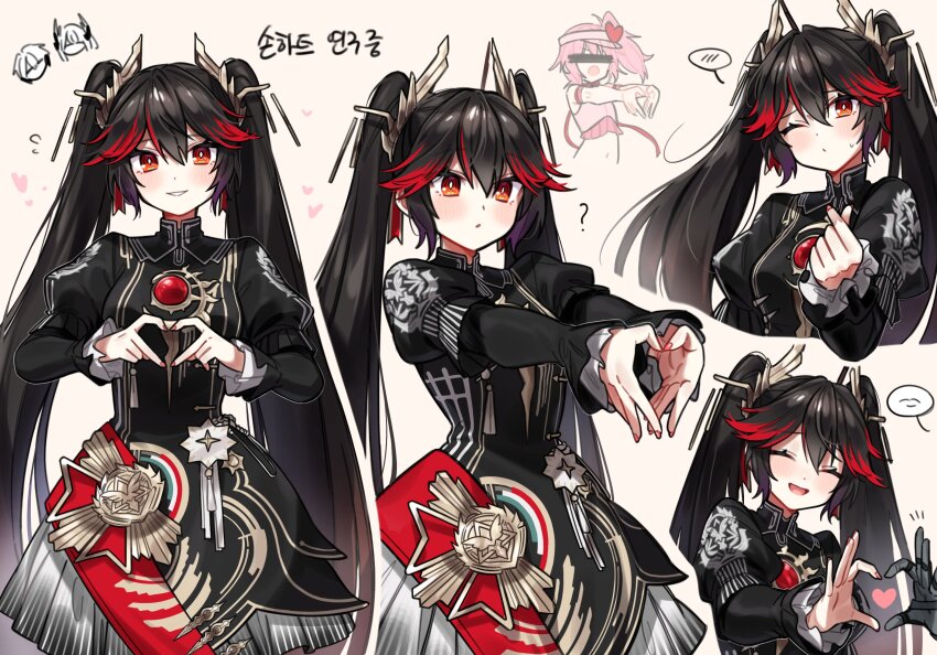 1boy 3girls black_dress black_hair character_request dress hair_between_eyes hair_ornament heart heart_hands highres jewelry lee_(pgr) liv_(pgr) long_hair long_sleeves lucia:_pyroath_(pgr) lucia_(pgr) multicolored_hair multiple_girls myam_(123ab456c) one_eye_closed punishing:_gray_raven red_eyes red_hair sidelocks streaked_hair twintails very_long_hair wing_hair_ornament