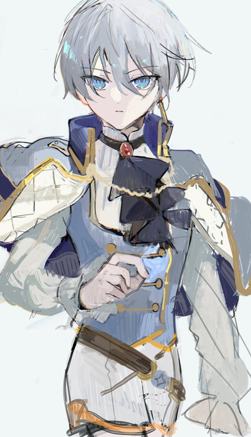 1girl androgynous blue_eyes collared_shirt earrings gem grey_hair hair_between_eyes highres jewelry long_sleeves looking_at_viewer official_alternate_costume official_alternate_hair_length official_alternate_hairstyle ouji_fashion project_sekai pyongtaro red_brooch red_gemstone relax_teatime_(project_sekai) saucer shirt short_hair simple_background solo white_hair yoisaki_kanade