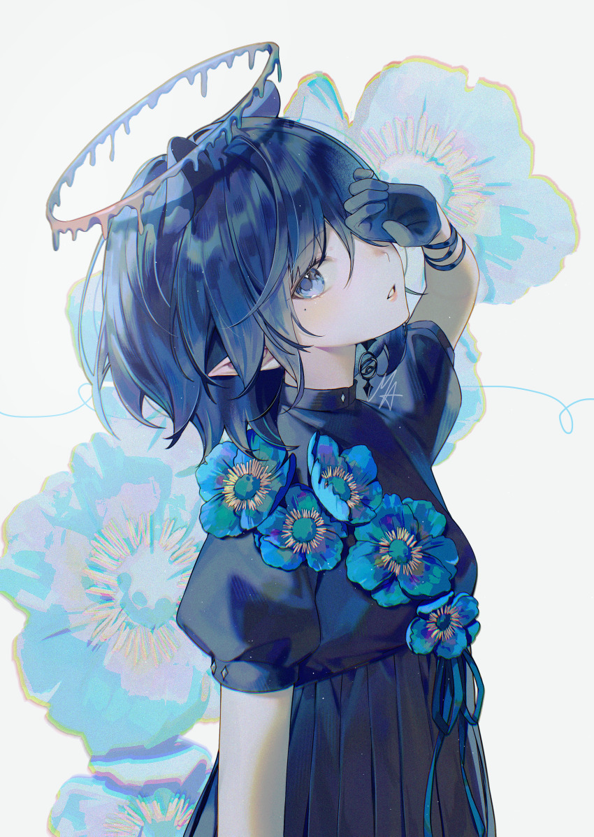 1girl absurdres ani_019 bilingual_commentary black_dress blue_flower blue_hair blue_halo blue_theme commentary dress dress_flower earrings english_commentary floral_background flower flower_on_chest flower_ornament gloves halo hand_on_own_face high_collar highres himalayan_poppy_(flower) hololive hololive_english jewelry liquid_halo long_dress looking_at_viewer meconopsis_(ninomae_ina&#039;nis) melting_halo mixed-language_commentary mole mole_under_eye ninomae_ina&#039;nis official_alternate_costume official_alternate_hairstyle parted_lips pleated_dress poppy_(flower) puffy_short_sleeves puffy_sleeves short_hair short_sleeves signature single_earring solo upper_body virtual_youtuber