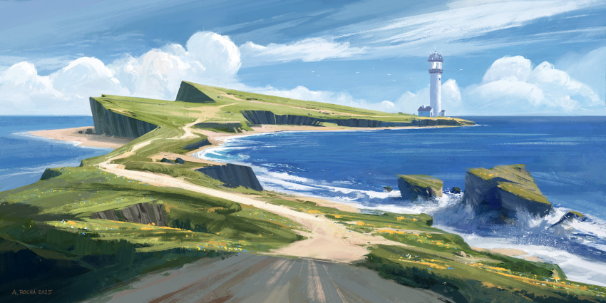 andreas_rocha artist_name cloud cloudy_sky day dirt_road grass highres lighthouse no_humans ocean original outdoors road sky water