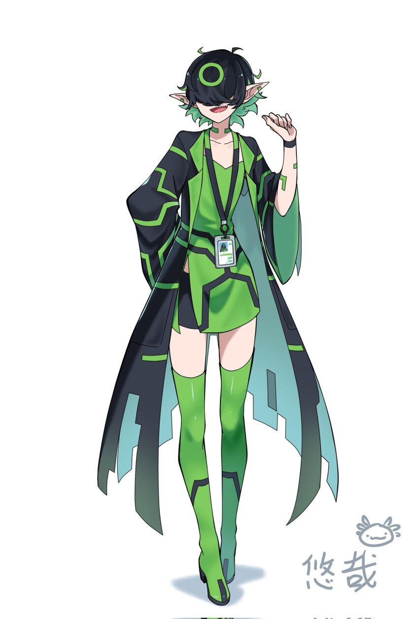 ben_10 black_coat black_hair coat corrupted_twitter_file dress green_dress hair_over_eyes highres personification pointy_ears short_hair signature upgrade_(ben_10) youzaiyouzai112