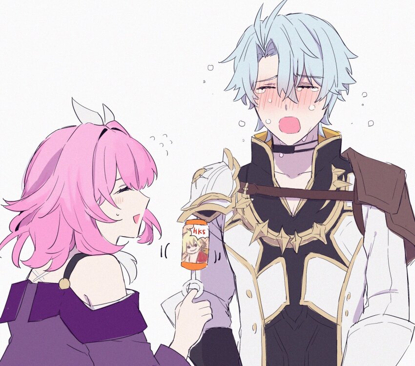 1boy 1girl ahoge armor coat crying cyrene_(honkai:_star_rail) hair_ornament highres holding honkai:_star_rail honkai_(series) mydei_(honkai:_star_rail) open_mouth pauldrons phainon_(honkai:_star_rail) pink_hair purple_coat short_hair shoulder_armor simple_background single_pauldron souko_ykyk02 tears white_background white_coat white_hair
