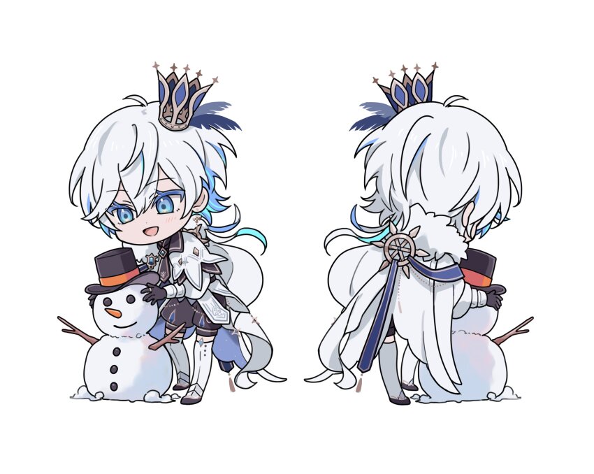 1boy bad_link bad_tag black_gloves blue_eyes blush cape chibi crown feathers from_behind fur_collar gloves highres holding multiple_views namiki_itsuki original short_hair silver_armor smile snow snowman white_background white_hair winter