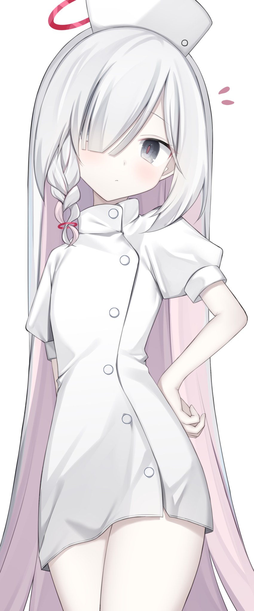 1girl absurdres alternate_costume blue_archive blush braid colored_inner_hair commentary_request dress grey_eyes hair_over_one_eye halo hanasaki_rin hat highres long_hair looking_at_viewer multicolored_hair nurse nurse_cap pink_hair plana_(blue_archive) red_halo simple_background solo streaked_hair very_long_hair white_background white_dress white_hair
