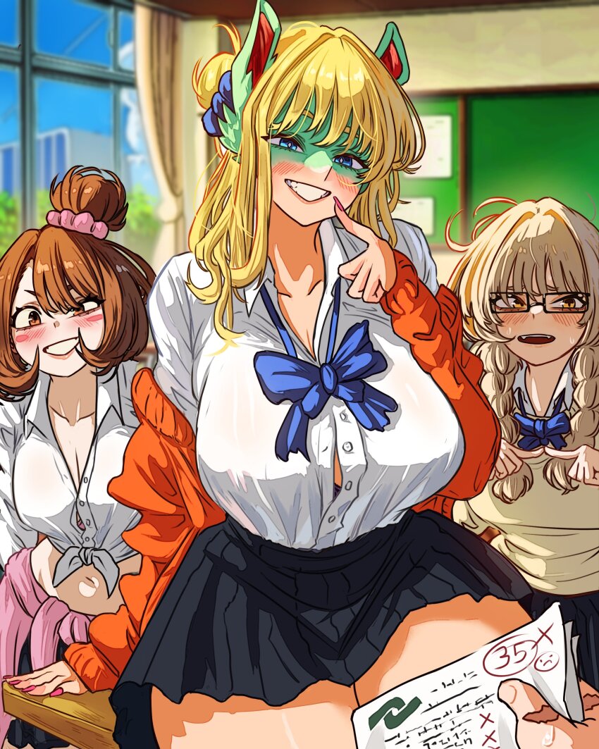 3girls absurdres blue_eyes blush_stickers boku_no_hero_academia bow bowtie breasts brown_eyes grin gyaru highres indoors ippan_josei kogal large_breasts looking_at_viewer loose_bowtie midoriya_izuku multiple_girls partially_unbuttoned pleated_skirt pov rectangular_eyewear school_uniform skirt smile sweater tented_shirt thick_thighs thighs toga_himiko uraraka_ochaco vlizz