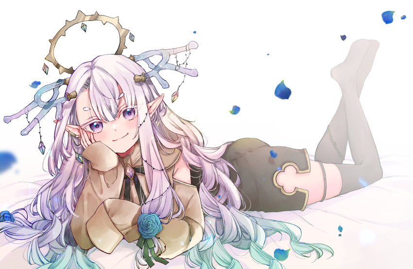 1girl bed_sheet black_shorts black_thighhighs brown_shirt closed_mouth colored_eyelashes gradient_hair green_hair grey_hair halo highres indie_virtual_youtuber legs_up long_hair long_sleeves looking_at_viewer lying mito_(go!go!king!) multicolored_hair no_shoes on_stomach petals pointy_ears puffy_long_sleeves puffy_sleeves purple_eyes purple_hair ravula_fuju shirt short_eyebrows short_shorts shorts simple_background sleeves_past_fingers sleeves_past_wrists smile soles solo thick_eyebrows thighhighs very_long_hair virtual_youtuber white_background